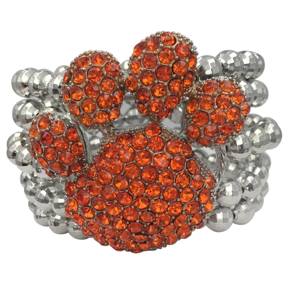 Large Orange Rhinestone Paw Print Chunky Statement Beaded Stretch Bracelet